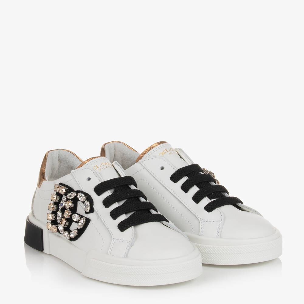 Dolce & Gabbana - Weiße Leder-Sneakers mit Strass | Childrensalon