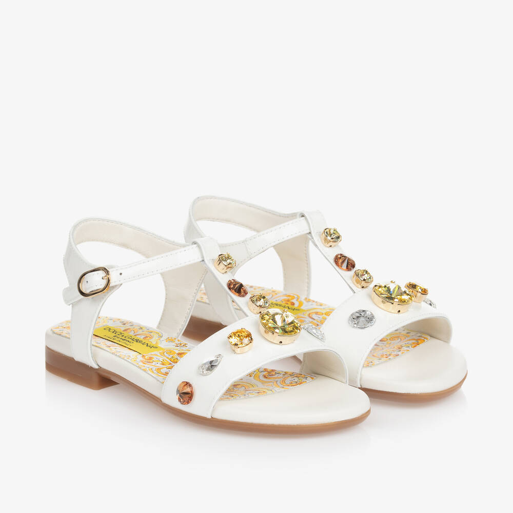 Dolce & Gabbana Kids' Girls White Patent Leather & Crystal Sandals