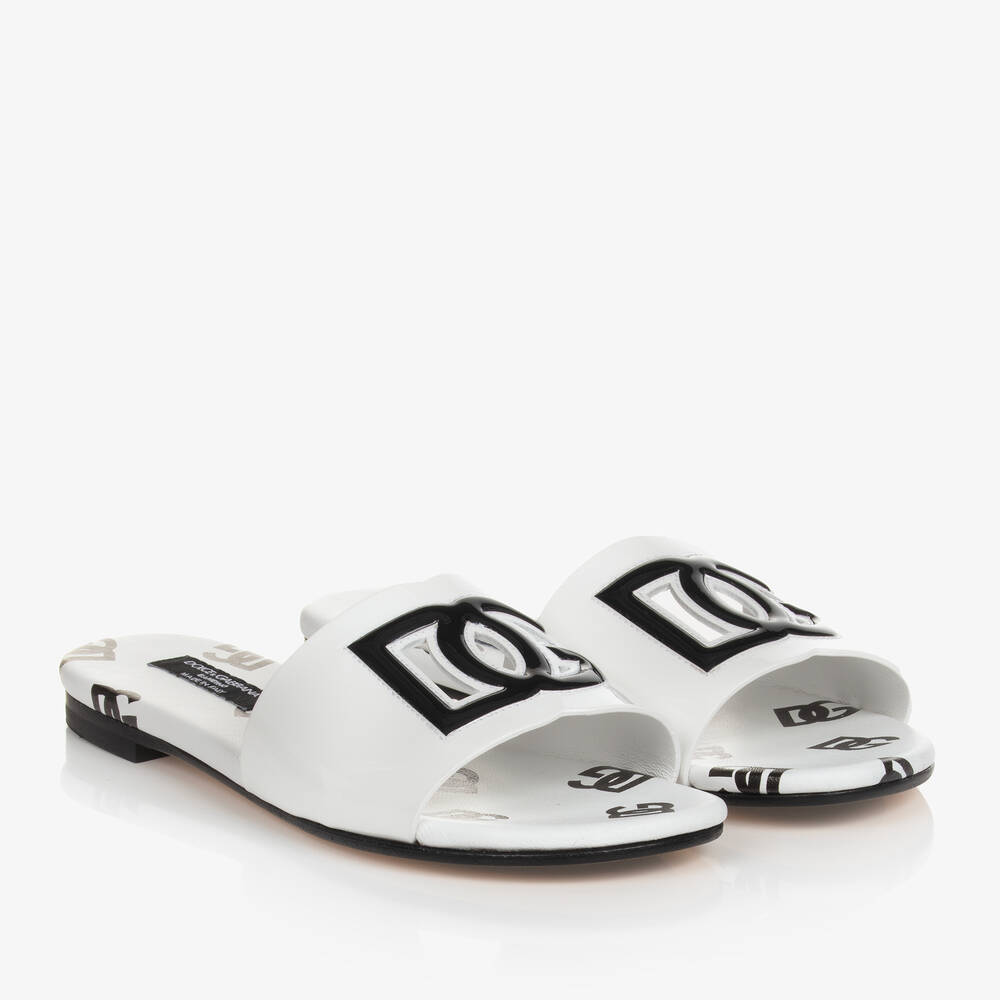 Dolce & Gabbana - Girls White Patent Leather DG Sliders | Childrensalon