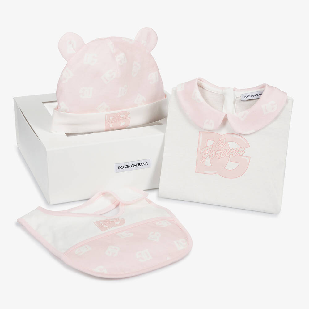 Dolce & Gabbana - Girls White & Pink Cotton DG Babysuit Set | Childrensalon