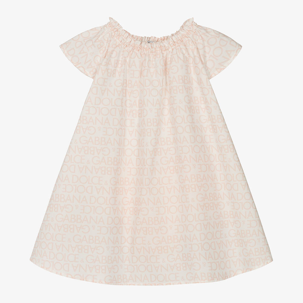 Dolce & Gabbana - فستان أطفال بناتي قطن بوبلين لون أبيض وزهري | Childrensalon
