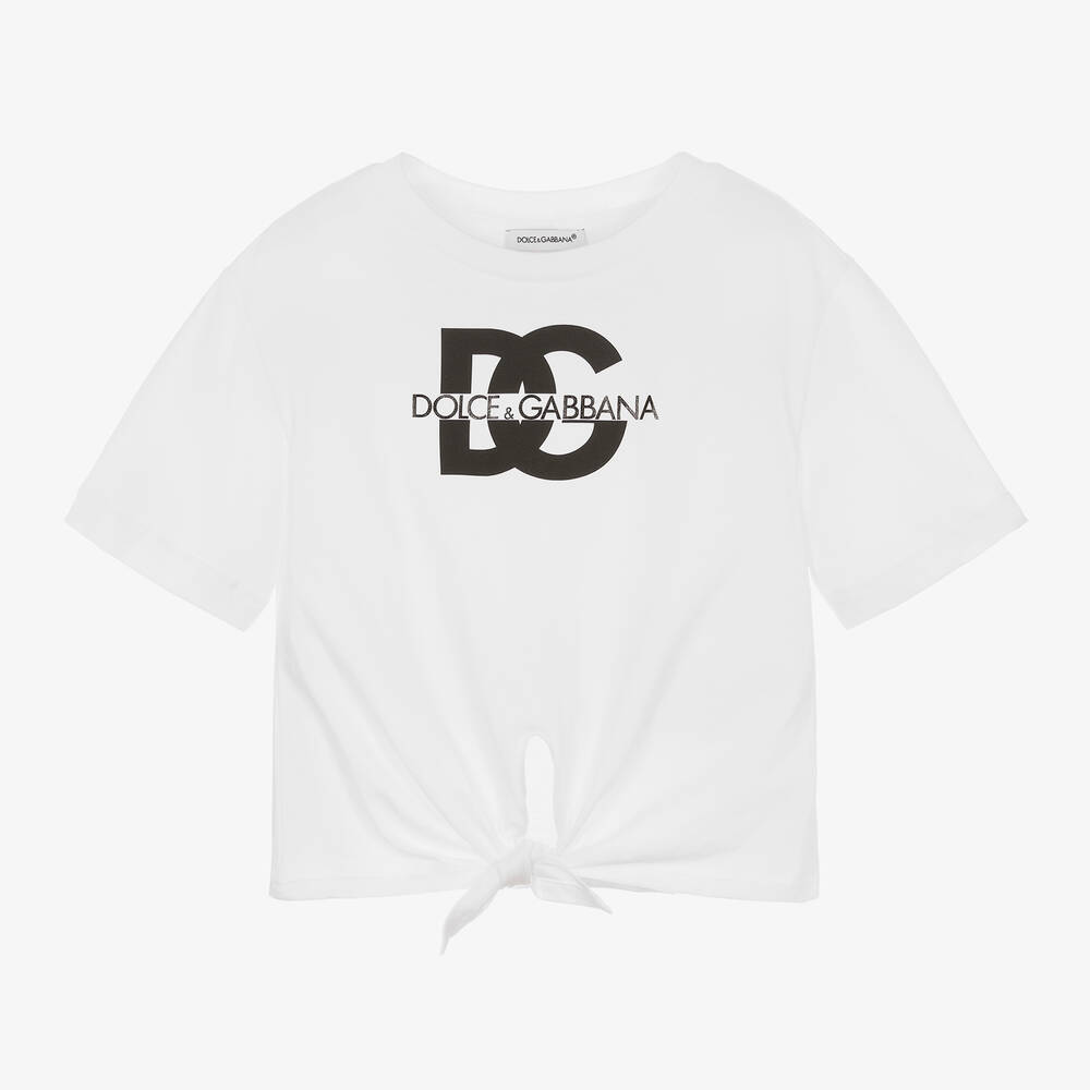 Shop Dolce & Gabbana Girls White Tie Front Cotton T-shirt