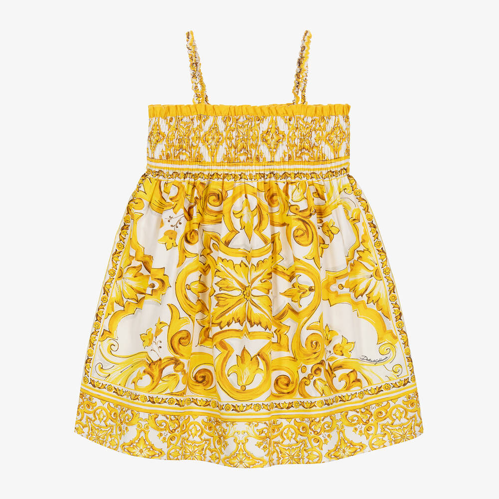Dolce & Gabbana Babies' Girls Yellow Majolica Cotton Dress In Gray