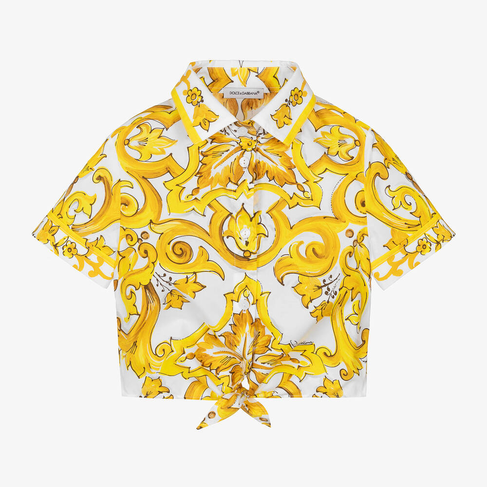 Dolce & Gabbana Babies' Girls Yellow Majolica Cotton Tie Shirt In Gold