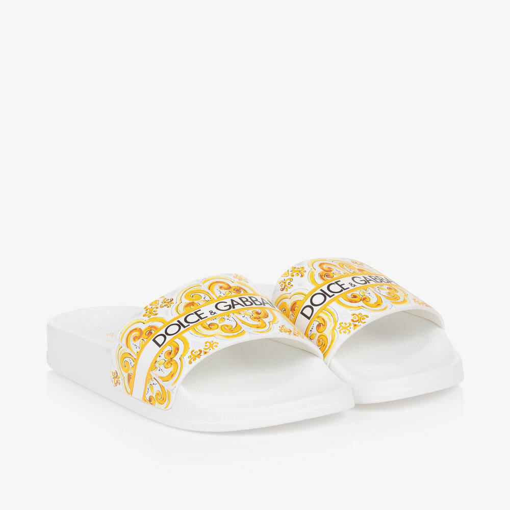 Dolce & Gabbana Kids' Girls Yellow Majolica Sliders In White
