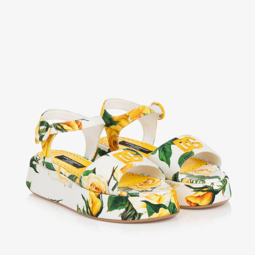 Shop Dolce & Gabbana Girls Yellow Rose Canvas Sandals