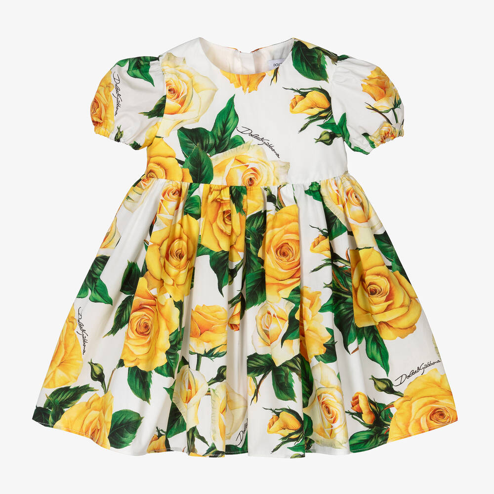 Dolce & Gabbana - فستان أطفال بناتي قطن بوبلين لون أصفر | Childrensalon