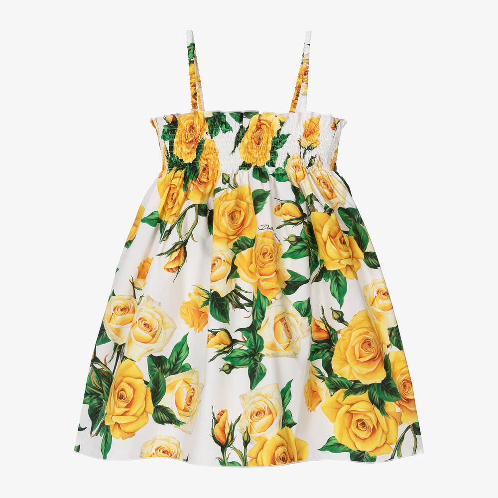 Dolce & Gabbana - Girls Yellow Rose Print Cotton Dress | Childrensalon
