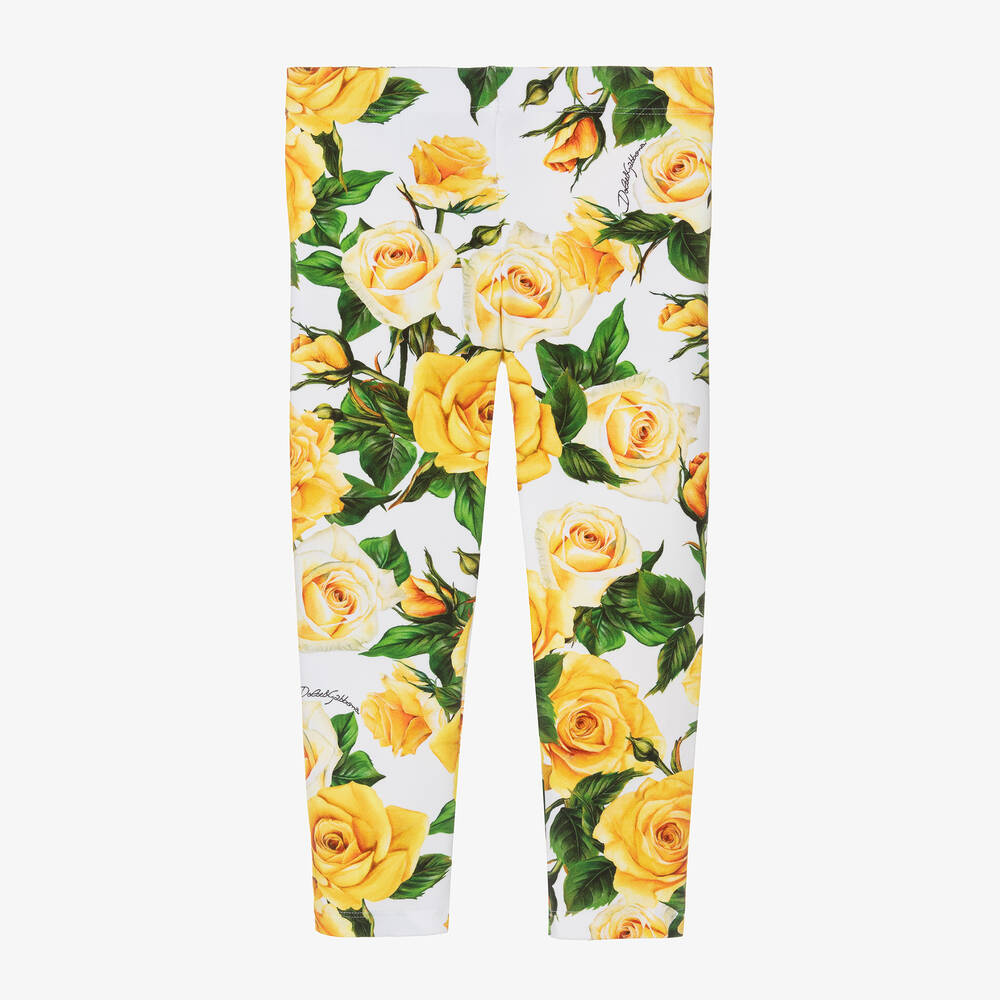 Dolce & Gabbana - Girls Yellow Rose Print Cotton Leggings  | Childrensalon