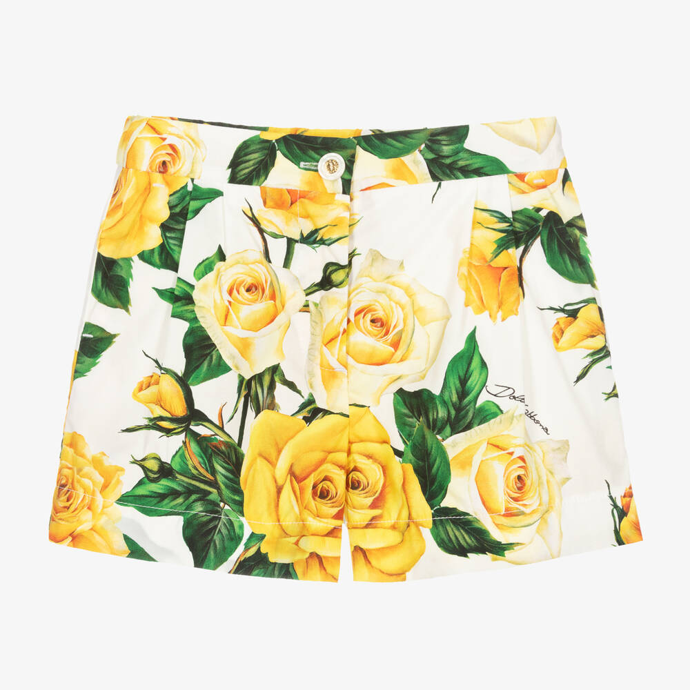 Dolce & Gabbana - Girls Yellow Rose Print Cotton Shorts | Childrensalon