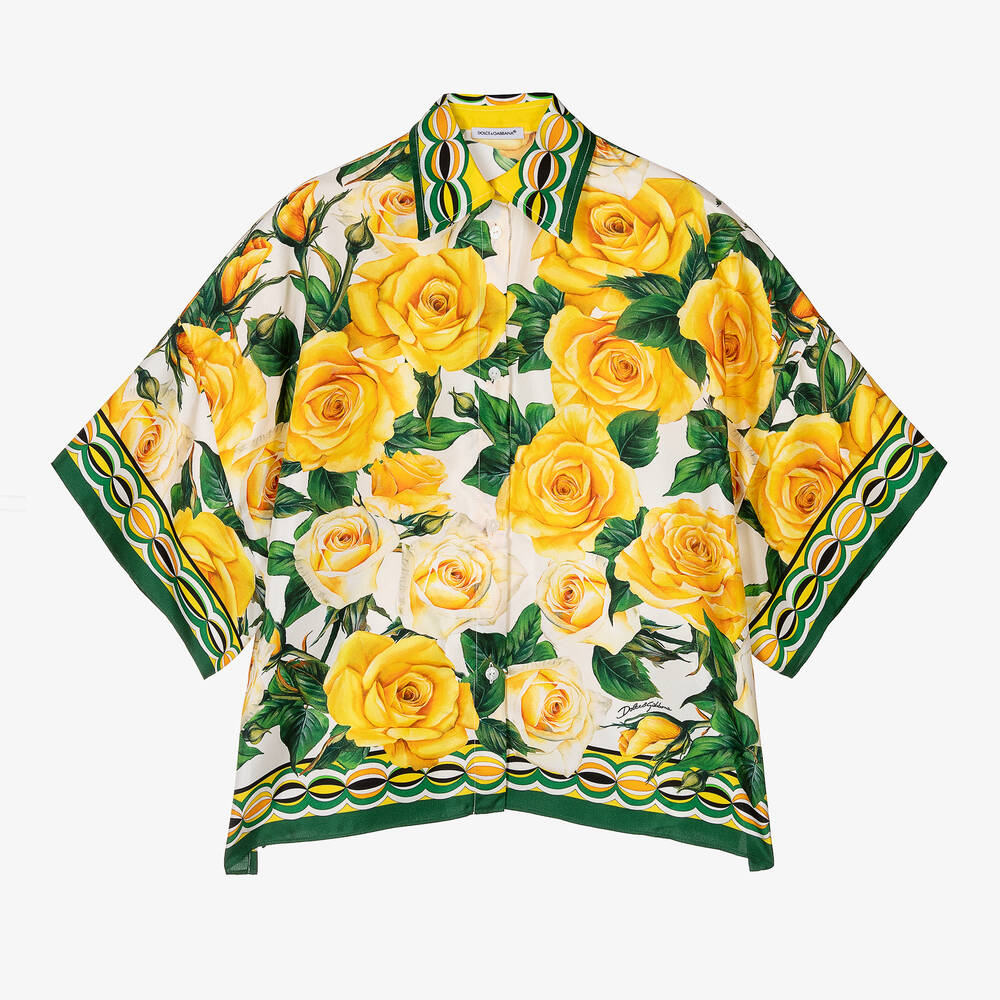 Dolce & Gabbana - Girls Yellow Rose Print Silk Blouse | Childrensalon