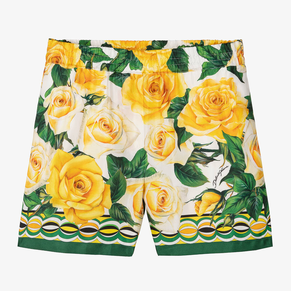 Dolce & Gabbana Kids' Rose-print Cotton Shorts In Yellow