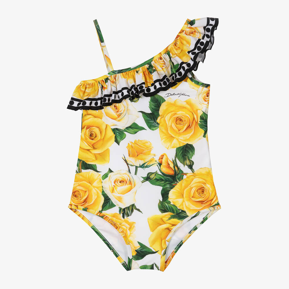 Dolce & Gabbana - Girls Yellow Rose Print Swimsuit | Childrensalon