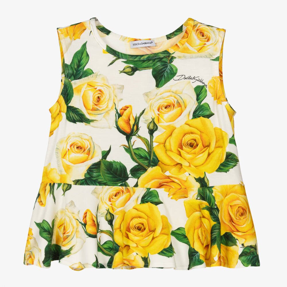 Shop Dolce & Gabbana Girls Yellow Rose Print Viscose Top