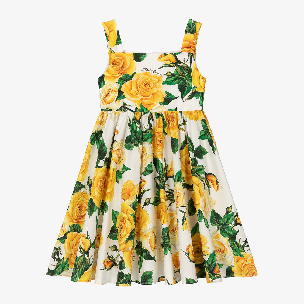 Shop Dolce & Gabbana Girls Yellow Roses Cotton Dress