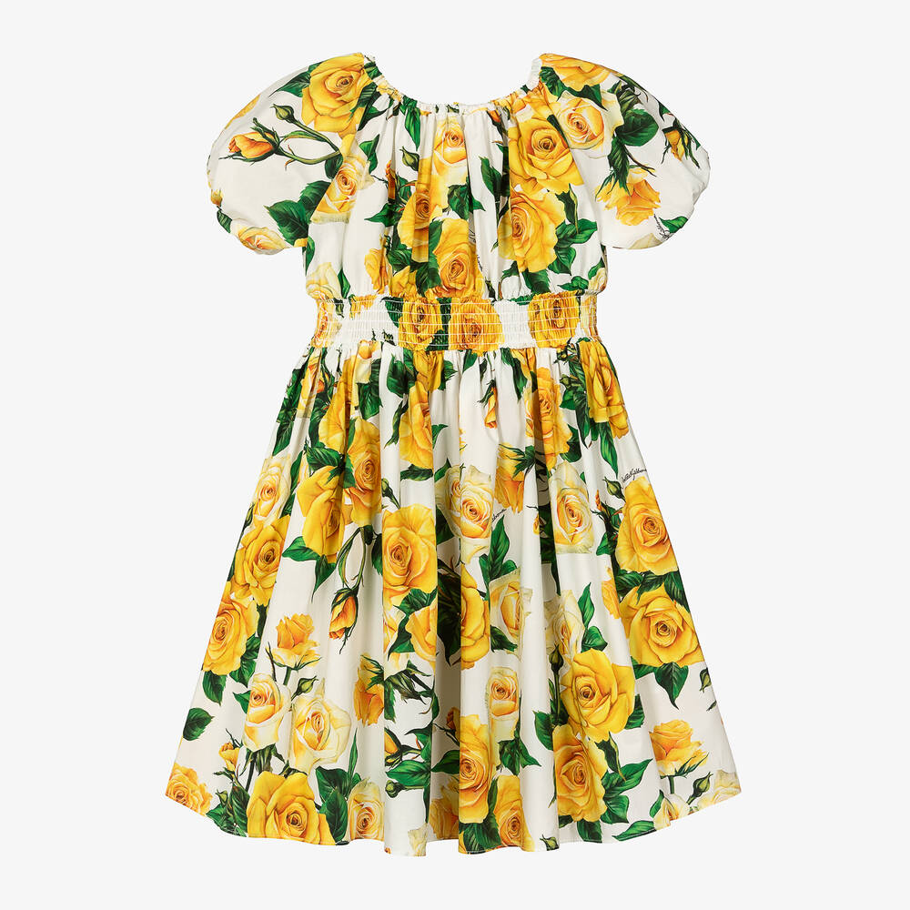 Dolce & Gabbana - Robe en popeline de coton à imprimé roses jaunes fille | Childrensalon