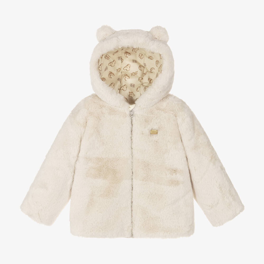 Dolce & Gabbana - Ivory Faux Fur Hooded Baby Jacket | Childrensalon