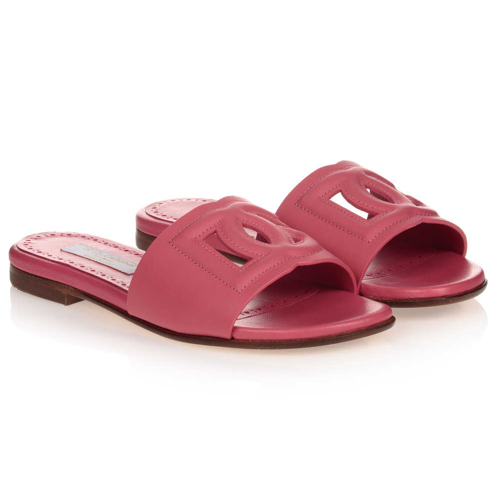 Shop Dolce & Gabbana Girls Pink Leather Sliders