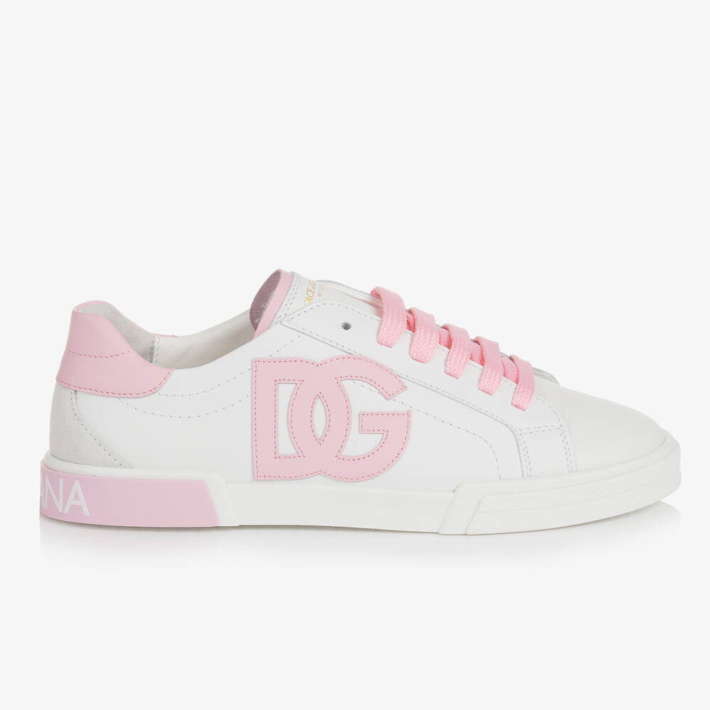 Dolce & Gabbana - Pink & White Leather DG Trainers | Childrensalon