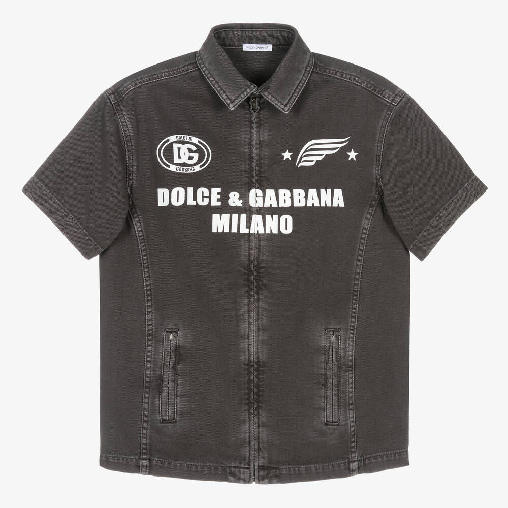 Shop Dolce & Gabbana Teen Boys Black Cotton Zip Front Shirt