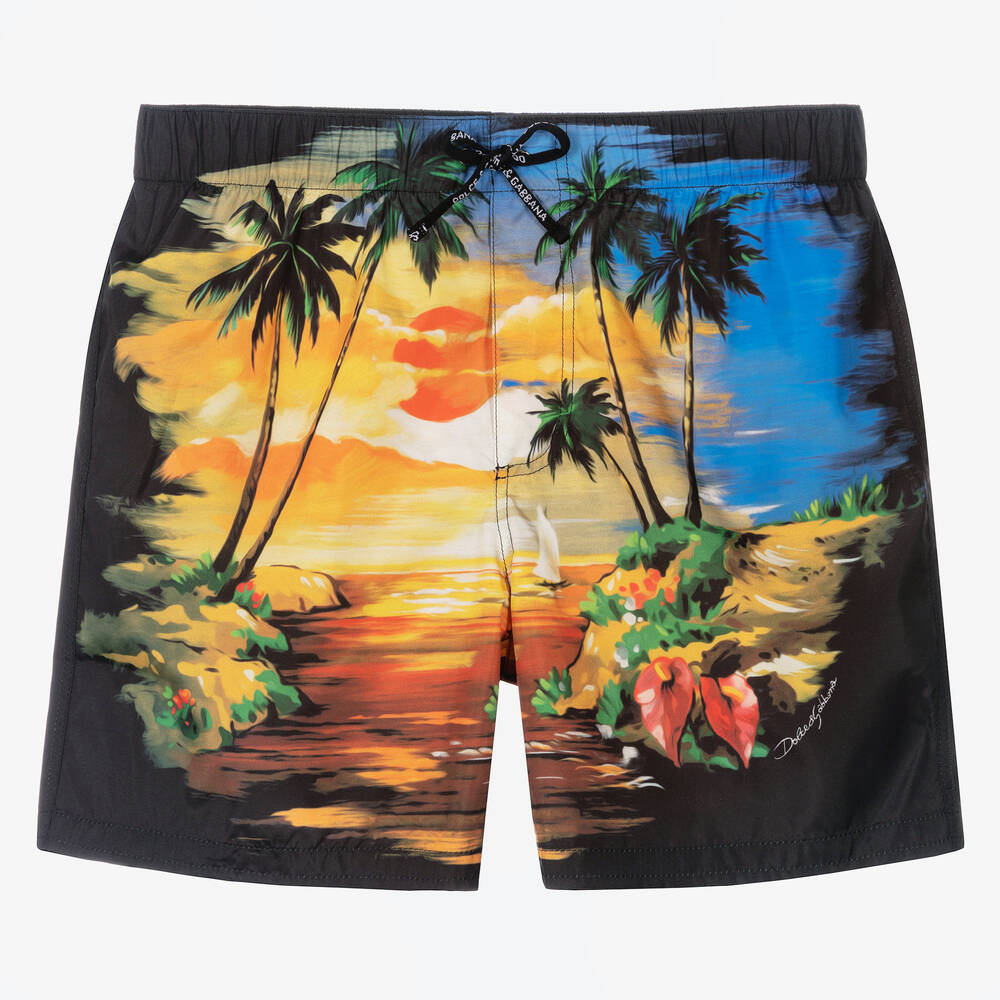 Dolce & Gabbana Teen Boys Blue Hawaii Print Swim Shorts In Black