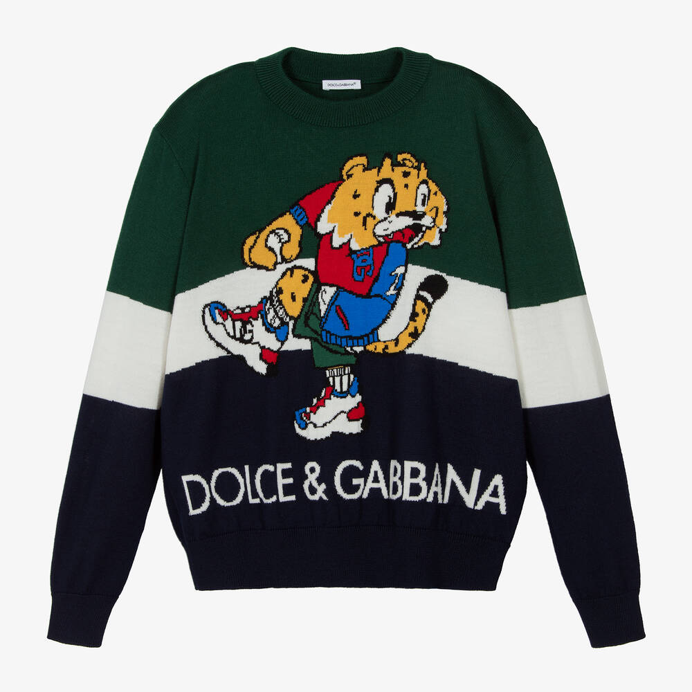Dolce & Gabbana Teen Boys Green Striped Tiger Sweater