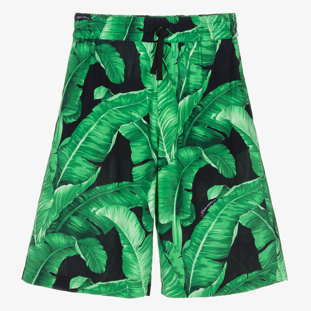 Shop Dolce & Gabbana Teen Boys Green Viscose Banana Leaf Shorts