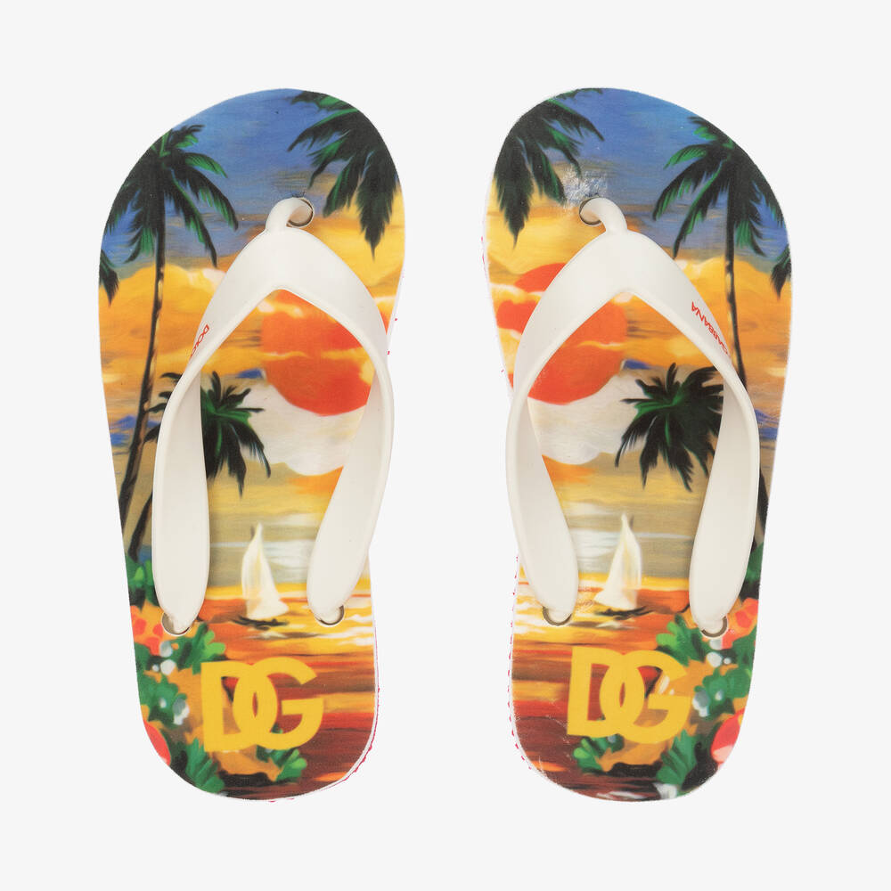 Dolce & Gabbana Teen Boys Hawaiian Print Flip Flops In Orange