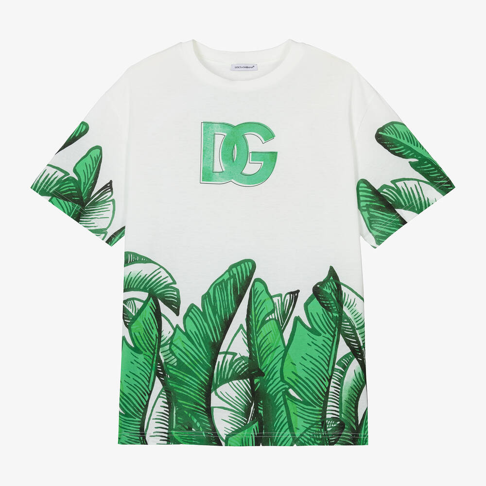 Dolce & Gabbana - Teen Boys White Cotton Leaf T-Shirt | Childrensalon