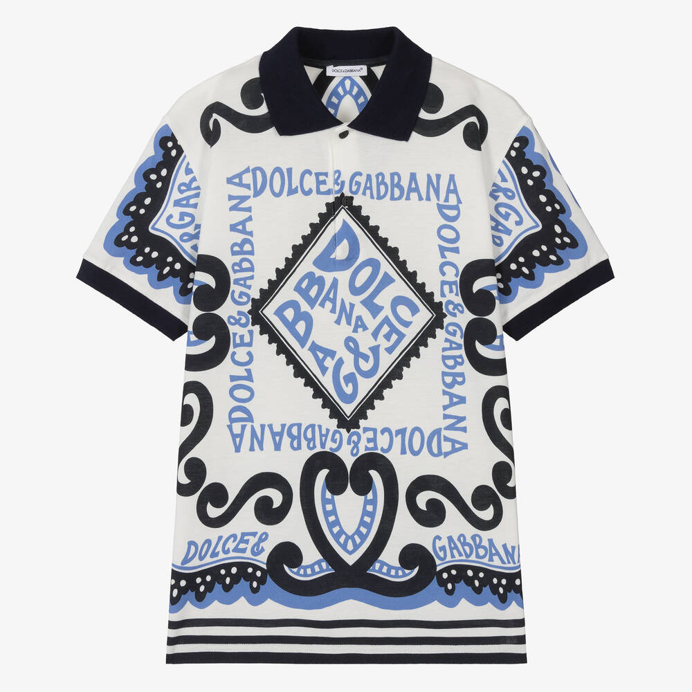 Dolce & Gabbana - توب بولو قطن بيكيه لون أبيض وأزرق للمراهقين | Childrensalon