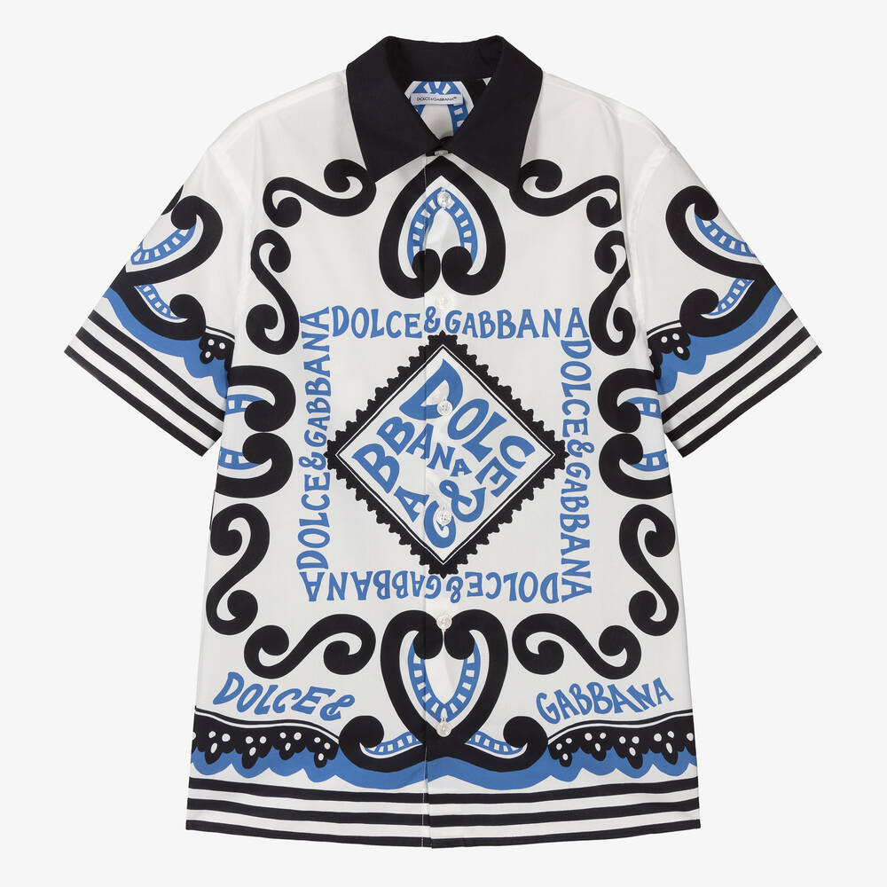Dolce & Gabbana - قميص قطن بوبلين لون أبيض وأزرق للمراهقين | Childrensalon