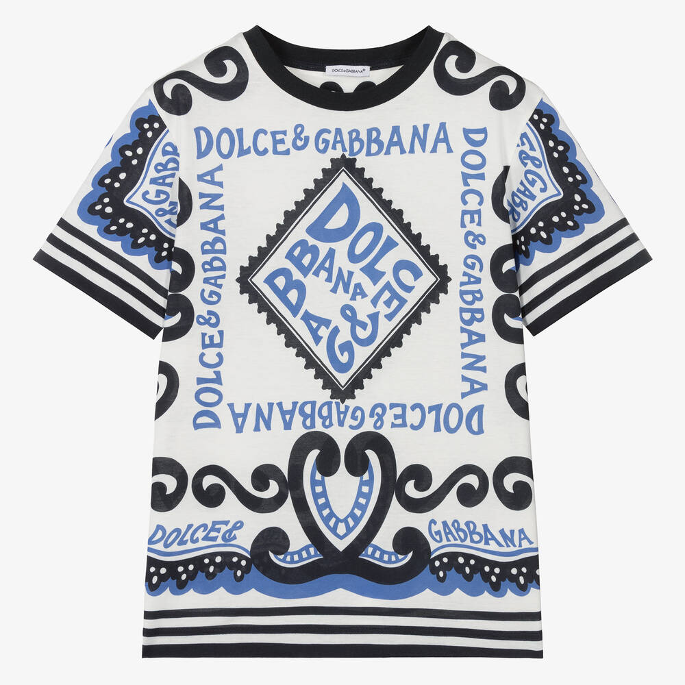 Dolce & Gabbana - تيشيرت قطن لون أبيض وأزرق للمراهقين | Childrensalon