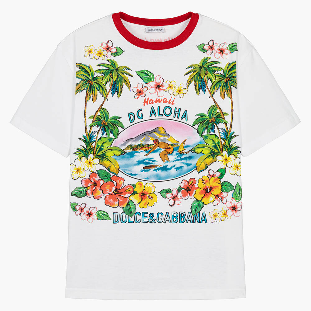 Dolce & Gabbana - Teen Boys White Hawaiian Cotton T-Shirt | Childrensalon
