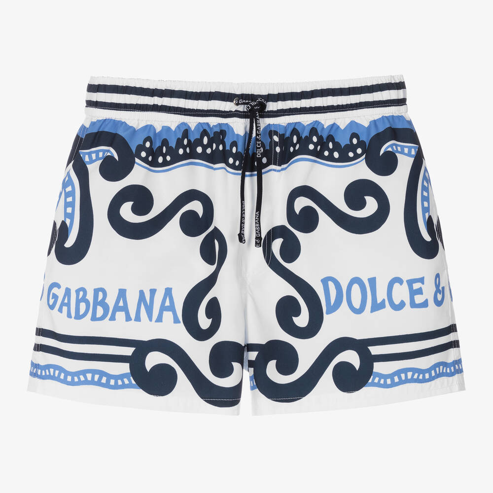 Dolce & Gabbana - شورت سباحة لون أبيض وأزرق للمراهقين | Childrensalon