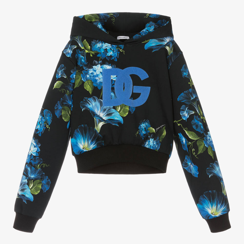 Shop Dolce & Gabbana Teen Girls Black Floral Cotton Hoodie In Blue