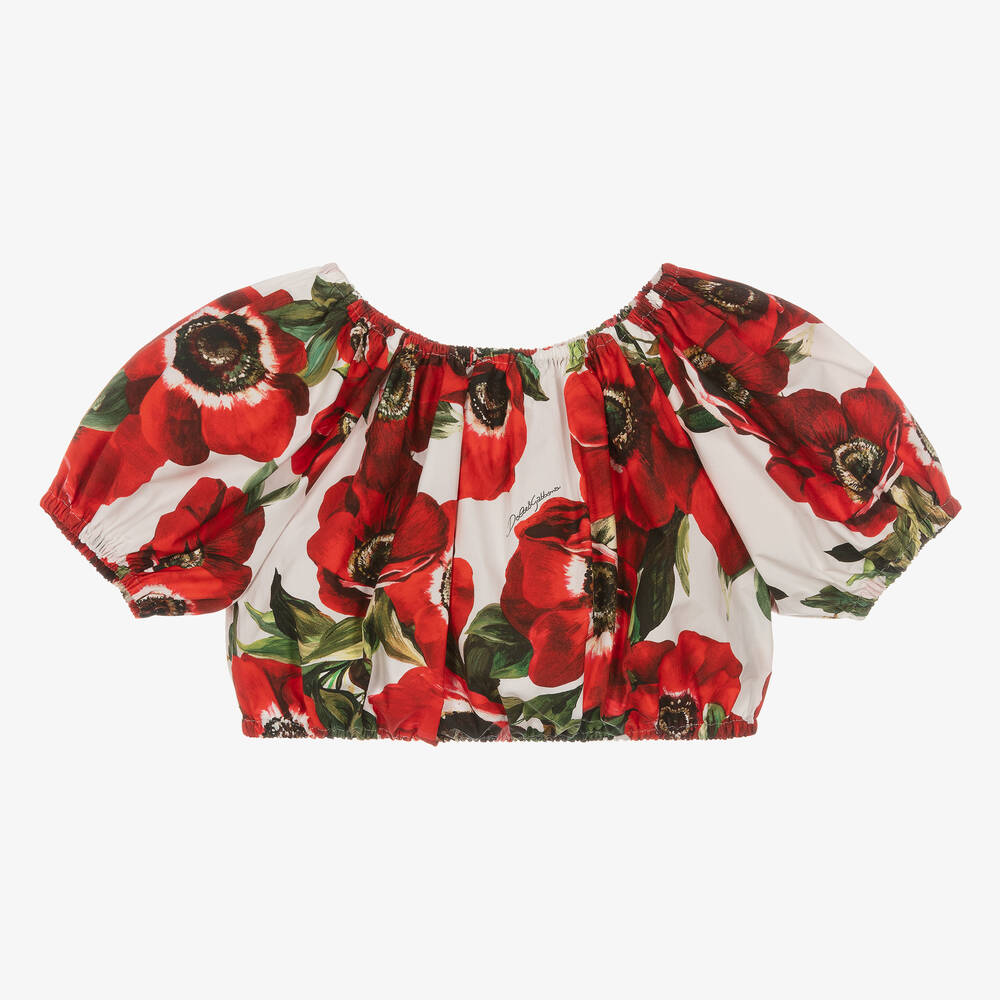 Dolce & Gabbana - Хлопковая блузка с красными маками для девочек-подростков | Childrensalon