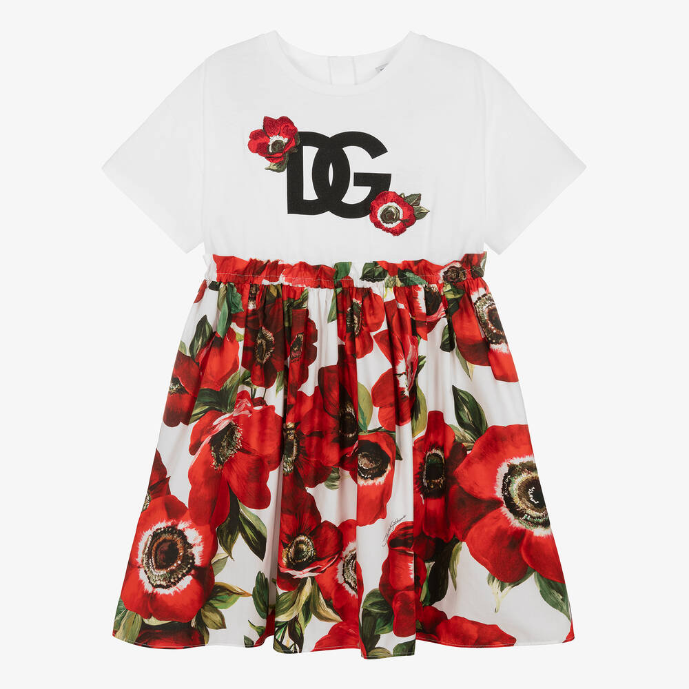 Dolce & Gabbana - فستان قطن بوبلين لون أحمر وأبيض للمراهقات | Childrensalon