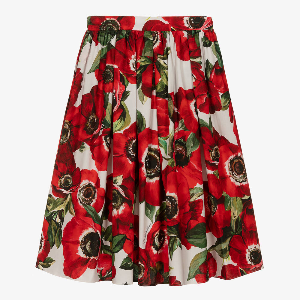 Dolce & Gabbana Teen Girls Red Poppy Print Cotton Skirt