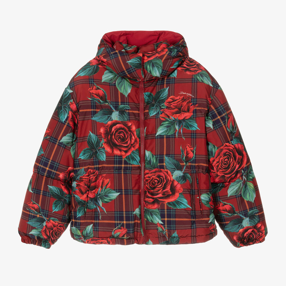 Dolce & Gabbana - Teen Girls Red Tartan Rose Puffer Jacket