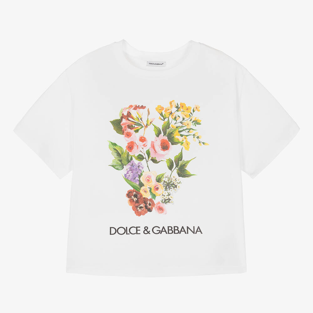 Dolce & Gabbana - تيشيرت قطن لون أبيض بطبعة ورود للمراهقات | Childrensalon