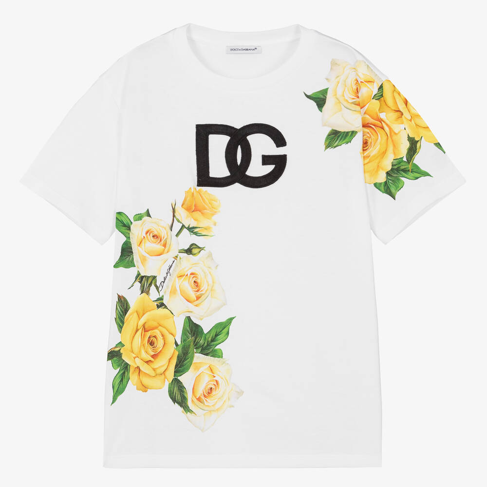 Dolce & Gabbana - Teen Girls White Cotton Rose Print T-Shirt | Childrensalon