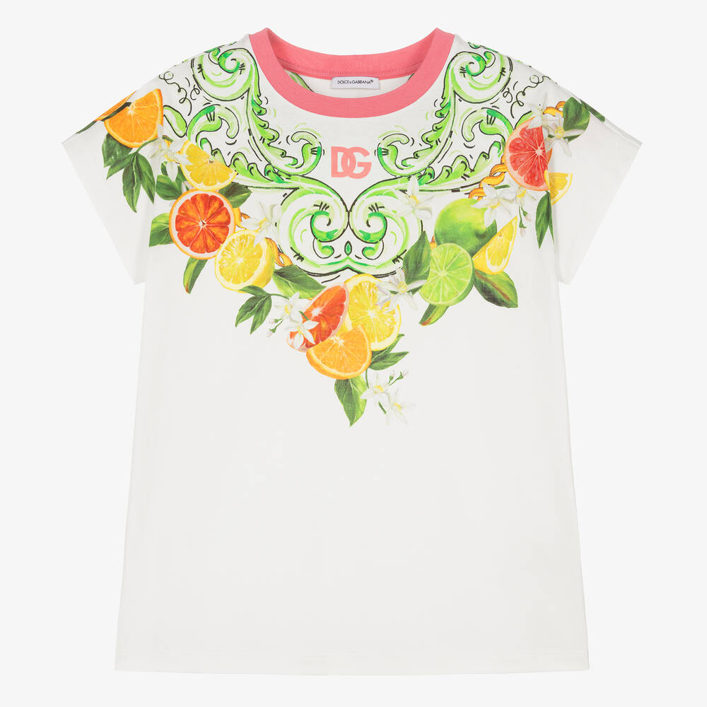 Dolce & Gabbana - Teen Girls White Fruit Print Cotton T-Shirt | Childrensalon