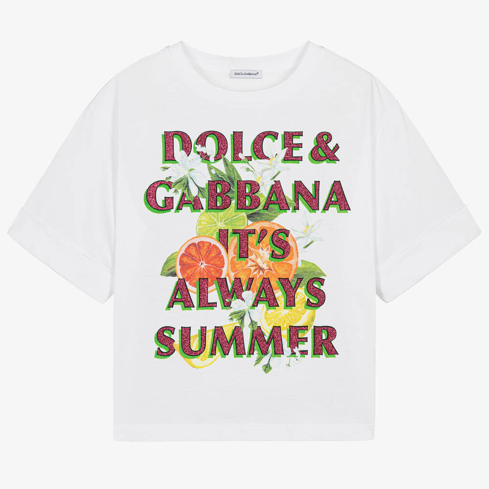 Dolce & Gabbana - Teen Girls White Italian Holiday Cotton T-Shirt | Childrensalon