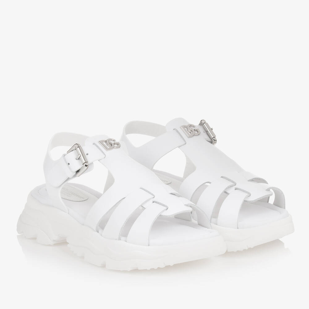 Shop Dolce & Gabbana Teen Girls White Leather Dg Sandals
