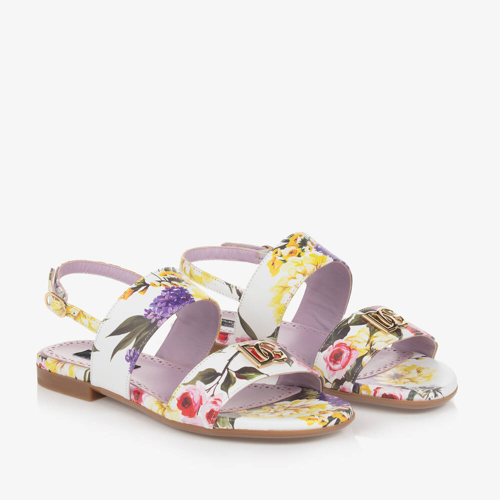 Dolce & Gabbana - Teen Girls White & Lilac Floral Leather Sandals | Childrensalon