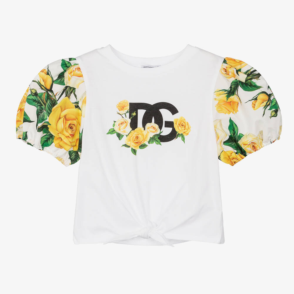 Dolce & Gabbana - Teen Girls White Rose Print Cotton T-Shirt | Childrensalon