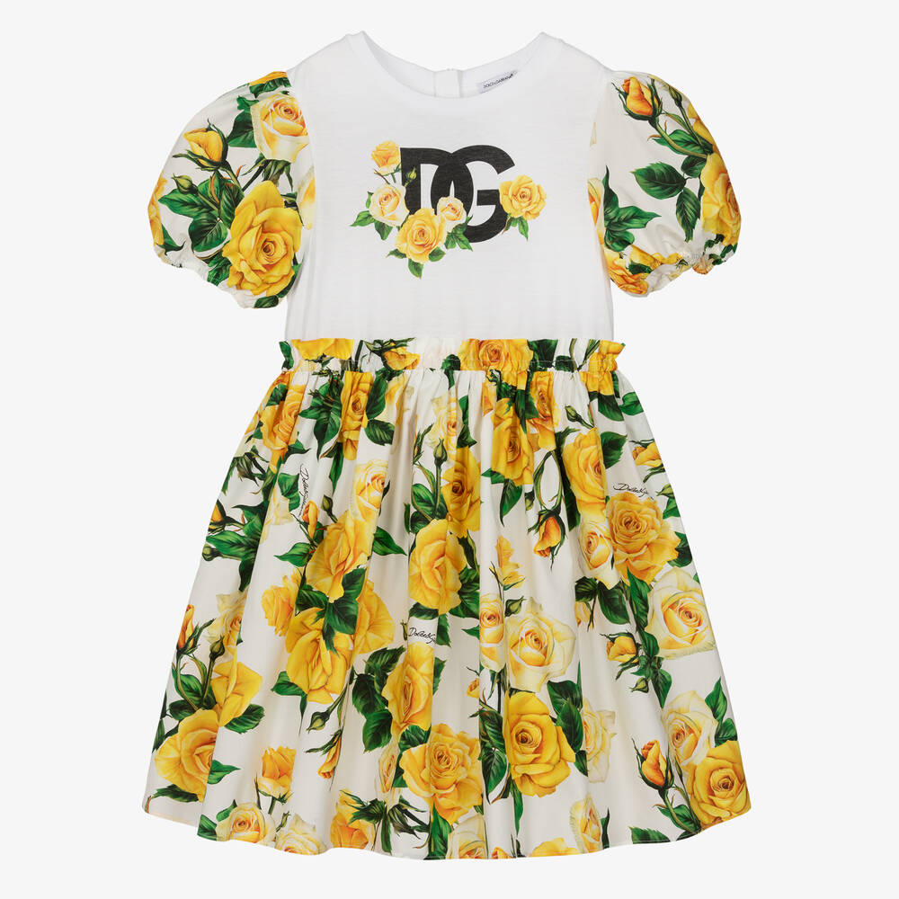 Dolce & Gabbana - Teen Girls Yellow Rose Print Cotton Dress | Childrensalon