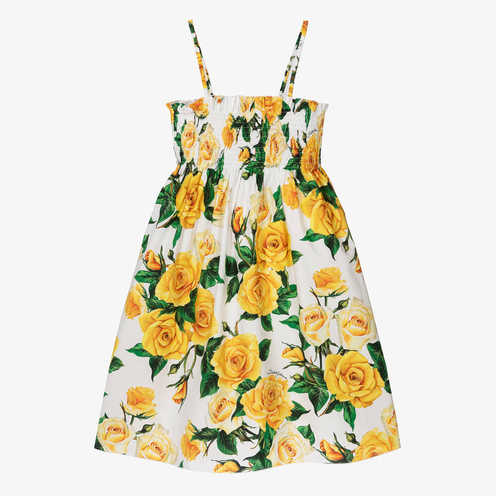 Dolce & Gabbana - Teen Girls Yellow Rose Print Cotton Dress | Childrensalon