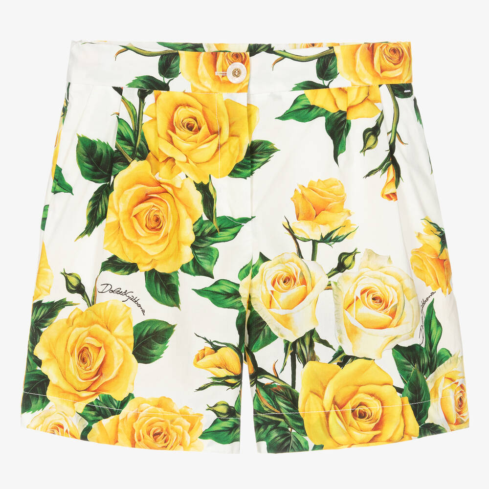 Dolce & Gabbana - Teen Girls Yellow Rose Print Cotton Shorts | Childrensalon