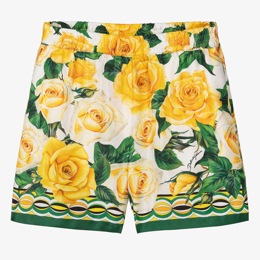 Shop Dolce & Gabbana Teen Girls Yellow Rose Print Silk Shorts